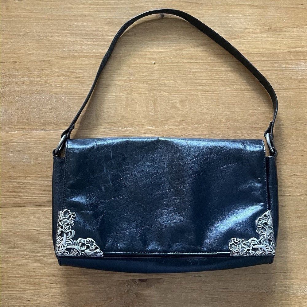 VTG Sorpresa Black Patent Shoulder Bag Silver Floral Hardware Y2K Western Purse